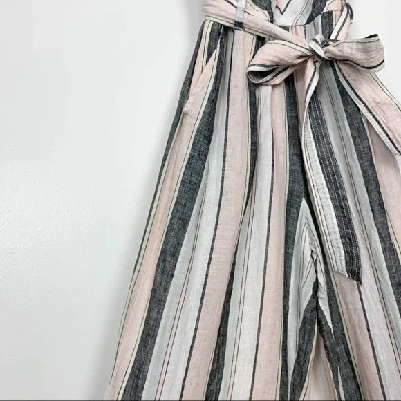 Vince Camuto Pastel Striped 100% Linen Cropped Wide Leg Jumpsuit Size Medium - Picture 6 of 15